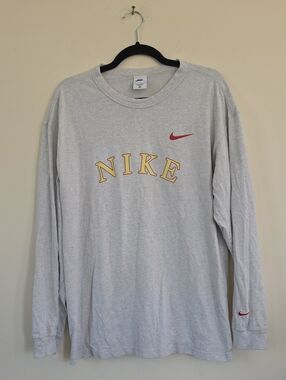 Nike Men’s Long Sleeve Logo Tee Light Gray with Red and Yellow Accents Medium